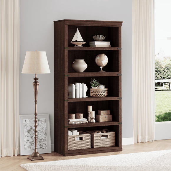 BeesClover Tall Farmhouse Bookshelf, Bookcase with Open Storage Shelves, Rustic Wood Display Shelf for Living Room, Home Office