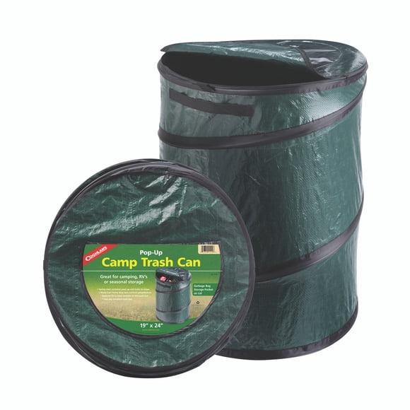Coghlan s Trash Can 1219 Pop-Up Trash Can; Round; 19 Inch Diameter x 24 Inch Height; Free Standing; Green; Polyethylene Fabric; With Lid
