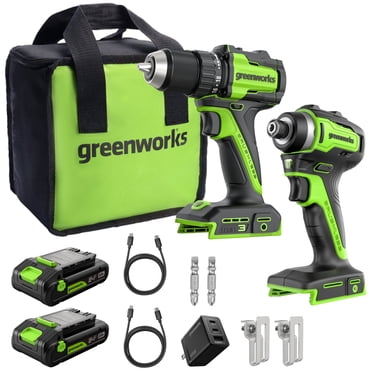 Greenworks PowerAll 24V Cordless Brushless Drill & Impact Driver Combo Kit, (2) 2.0Ah USB-C Batteries & USB-C Fast Charger, Bi-Directional Charging, Compact Design, High Torque