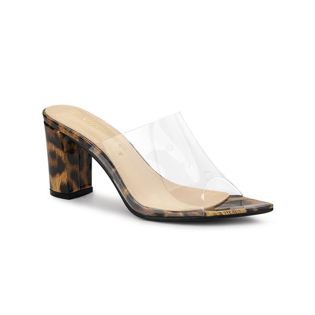 BLISSFUL STEP Mules à Talon Bloc Haut à Bout Pointu Transparent pour Femmes Sandales à Enfiler Léopard 8