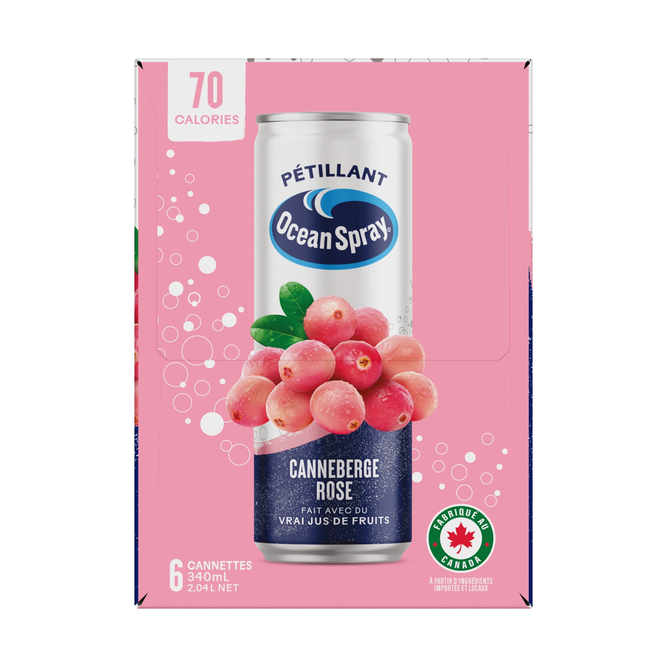 Ocean Spray boisson pétillante rose 6 canettes. Une explosion de bulles fruitées. Le goût rafraîchissant des canneberges roses, blanches et rouges mêlé à des bulles. Sans allergènes. Recyclable.
