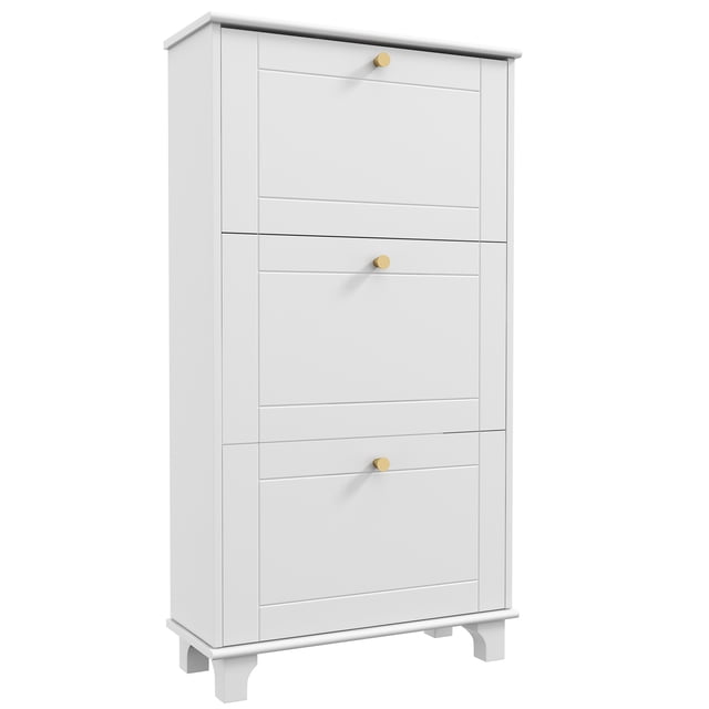 HOMCOM Armoire à Chaussures Moderne avec 3 Tiroirs Basculants pour 12 Paires de Chaussures. Meuble d'Entrée Blanc à Fini Épuré, Poignées Dorées et Lignes Sculptées. Comprend Trois Tiroirs Basculants pour un Rangement Caché des Chaussures, des Tablettes Ajustables et un design compact Idéal pour les Espaces Étroits. Fabriqué en MDF et Panneau de Particules avec Stabilité Anti-Basculement.