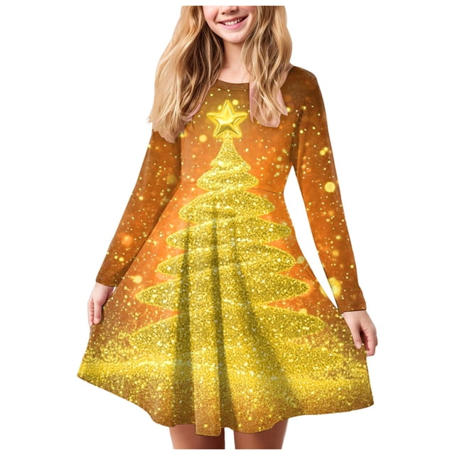 Splozh Robe Décontractée pour Fille à Manches Longues, Imprimé de Noël, Bal de Promo, Fête de Noël, Robes pour Fille, Or, 3-4 Ans