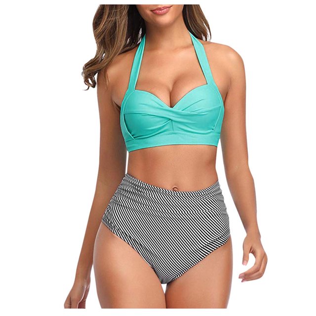Women Vintage Swimsuit Two Piece Retro Halter Ruched High Waist Print Bikini Set
