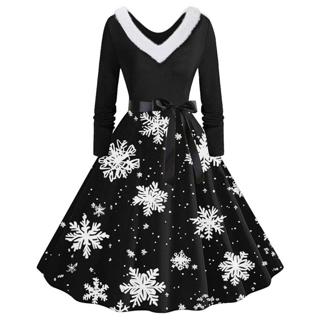 TIMIFIS Robes de Noël pour Femmes, Imprimé de Noël Laid, Robes Trapèze, Robe de Bal à Col en V pour les Fêtes, Manches Longues, Plissée, Robe Rétro Évasée