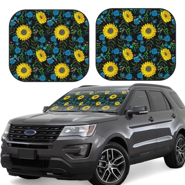 Vsdgher Sunflowers And Blue Flower Print Car Windshield Sun Shade, Reflective Sunshade Window Sunshade Sun Visor Protector Fit for Cars,Trucks,SUVs-Small
