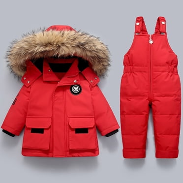 LSLJS Baby Girls Boys Snowsuit, Infant Polka Printing Thickened Winter Clothes Toddler Kids Winter Warm Hooded Down Jacket Coat + Ski Bib Pants Ski Suit Sets