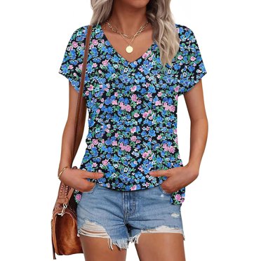 HOARBOEG Women's Printed V-neck Short-sleeved T-shirt Loose Top Short Sleeve Top Slim V-Neck Tee Shirts Tunic Teem, Top Clearance