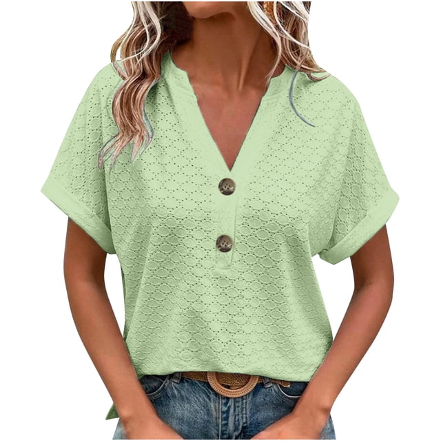 Dealovy Womesn Tops Summer Casual V Neck Buttons T-Shirts Short Sleeve Solid Color Loose Fitted Tees