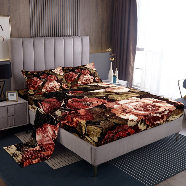 YST Draps de Lit Pivoine Rouge Format Simple, Ensemble de Draps Rétro à Motif Floral pour Filles et Ados, Drap-Housse Jardin Rustique de Printemps, Drap-Housse Style Peinture à l'Huile Drap-Housse + Drap Plat + 1 Taie d'Oreiller