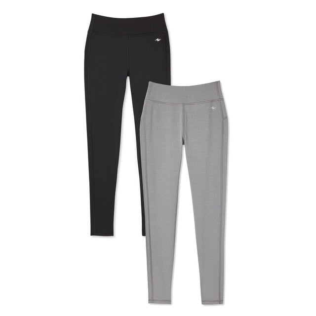 Athletic Works Girls' Core Legging 2-Pack with one black and one grey legging, featuring moisture-wicking interlock knit fabric, wide elasticized waistband, and stretch fit for active comfort and casual wear.
