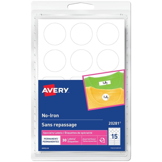 Avery White No-Iron Fabric Labels, Handwrite, Assorted Sizes - 20281 in clear plastic packaging with 30 permanent specialty labels in assorted sizes, designed for labeling clothing and fabric items without ironing, featuring permanent adhesive and washer and dryer safe properties, shown applied on green and yellow t-shirts.
