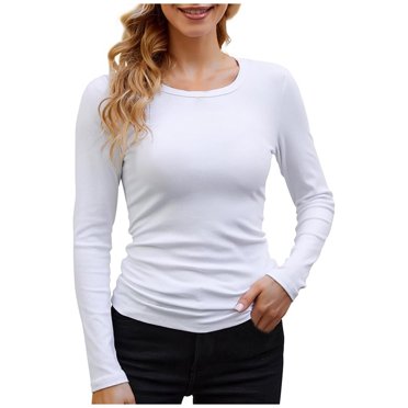 Ladies Fashion Fit Loose Crew Neck Slim Top Solid Color Long Sleeve T Shirt