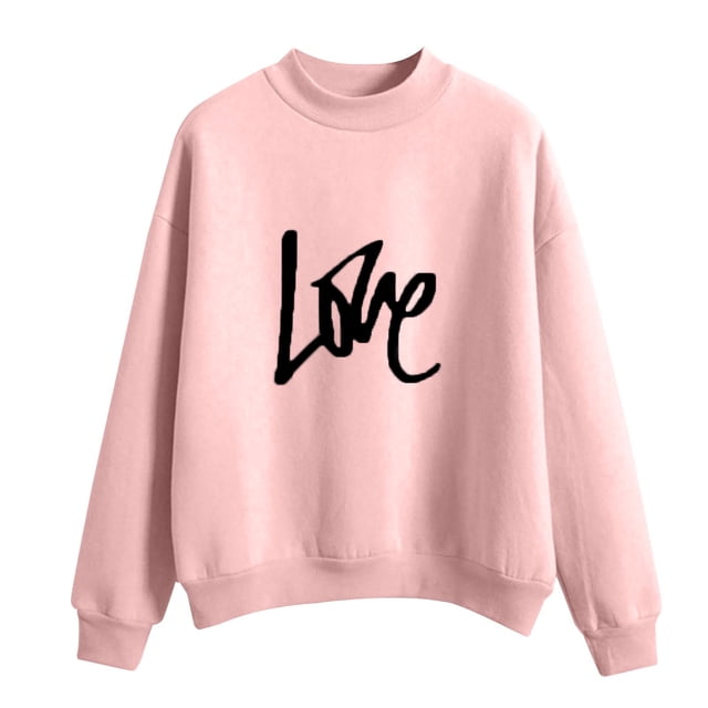 CEHVOM Femmes Mode Décontractée Imprimé Col Rond Ample Manches Longues Hauts Courts Blouse Chandails Sans Capuche en Couleur Rose Douce avec un Imprimé « LOVE » Noir Audacieux sur le devant. Ce Chandail pour Femmes Est Fait de polyester Léger, avec un Col Rond, des Poignets Côtelés et une Coupe Ample. Idéal pour les occasions Décontractées, le Port Quotidien Ou la Superposition en Automne et en Hiver.