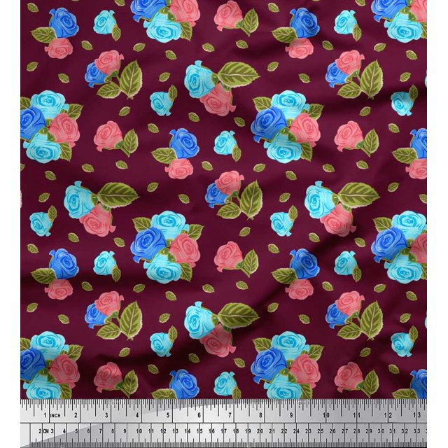 Soimoi Tissu en Rayonne Feuilles & Roses Imprimés Floraux au Mètre 42 Pouces de Large