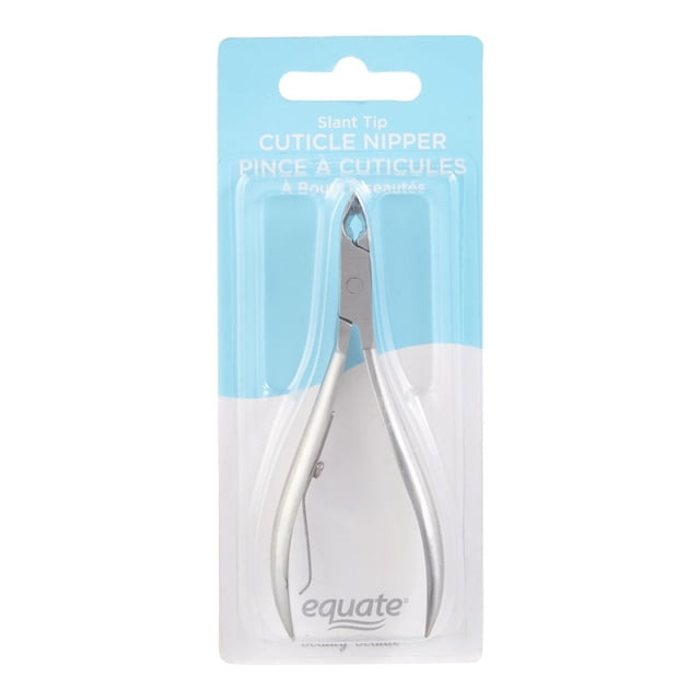 Equate Beauty Slant Tip Cuticle Nipper with stainless steel slant tip blades and ergonomic curved handles in clear blister packaging on blue and white backing card, designed for precise nail cuticle trimming and suitable for detailed nail care tasks.