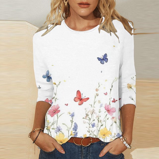 Babysbule T-Shirt d'Été à Manches 3/4 pour Femmes, Col Rond, Coupe Ample, Tunique Florale Mode 2025