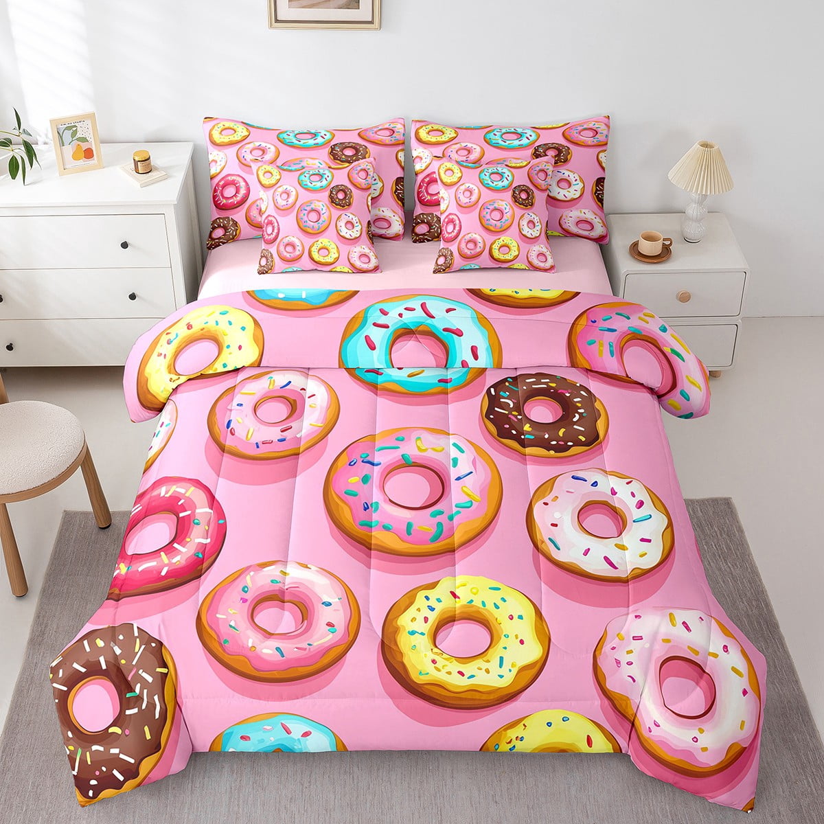 Ensemble Douillette Grand « Bed in a Bag » 7 Pcs à Motif de Beignes, Ensembles de Literie Alimentaires Colorés Motif Dessert, Ensemble de Draps avec Douillette, Ensemble de Lit Rose