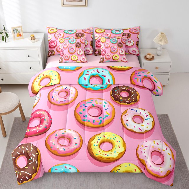 Ensemble Douillette Grand « Bed in a Bag » 7 Pcs à Motif de Beignes, Ensembles de Literie Alimentaires Colorés Motif Dessert, Ensemble de Draps avec Douillette, Ensemble de Lit Rose
