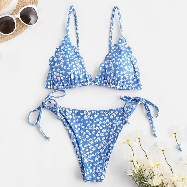 Two Piece Swimsuit Women Print Two Piece Retro Halter Ruched High Waist Print Bikini Set Swimsuit Girls on Clearance
