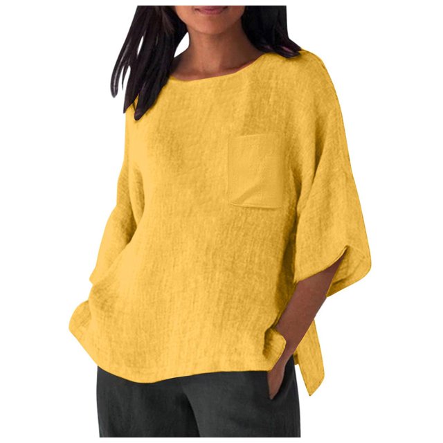 Hauts pour Femmes Élégants avec Manches 3/4 et Col Rond en Chemises Unies Confortables pour Femmes Jaune P