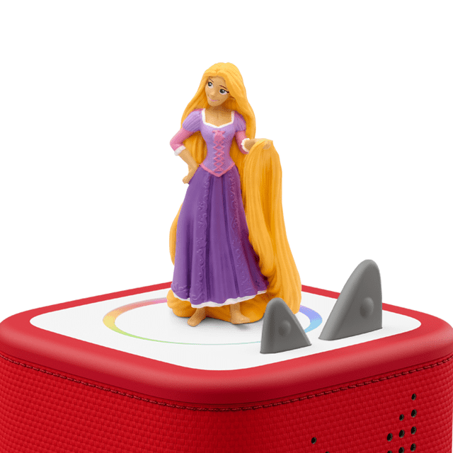 Tonies Tangled Audio Play Character from Disney collectible screen-free storytime Tonie shaped like Rapunzel with molded vinyl figure, sculpted golden hair detail and printed dress. Pairs with a Toniebox to play a 30-minute narrated Tangled story plus three interactive songs; designed for ages 3+, portable and huggable, suitable for travel or shelf display.