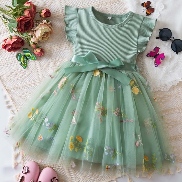 Robes d'Été pour Filles Robe Tutu à Manches à Volants pour Filles Robes pour Filles Robe en Tulle Tout-Petit 2-3 Ans