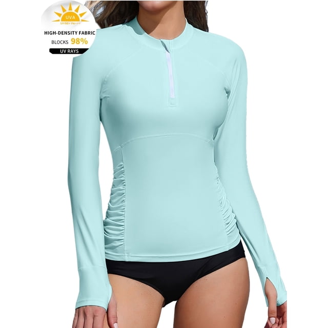 Charmo Women's Zipper Rash Guard Long Sleeve Side Ruched Swim Shirt Sun Protection Swimsuit Tops