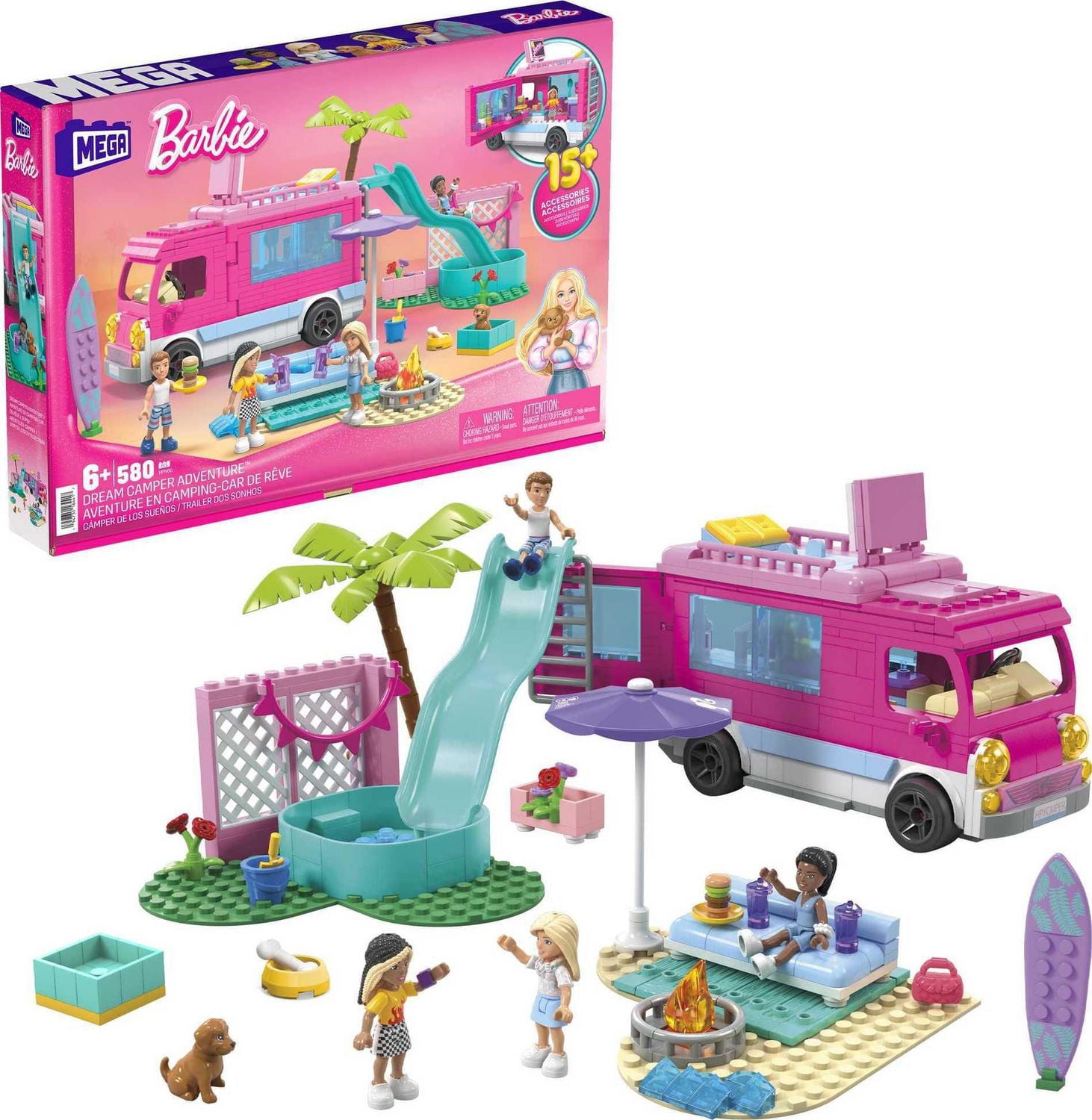 MEGA Barbie Dream Camper Adventure Building Kit Playset with 4 Micro-Dolls (580 Pieces)