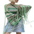 thumbnail image 1 of Hauts Courts en Tricot à Manches Longues à Franges à Imprimé Rayé pour Femmes, 1 of 9