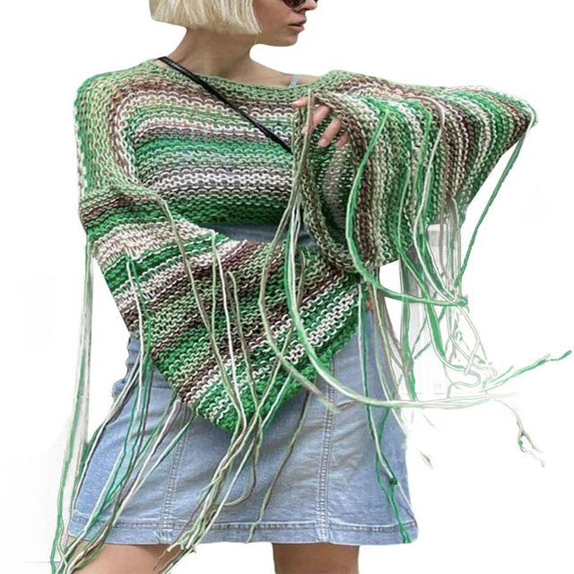 Hauts Courts en Tricot à Manches Longues à Franges à Imprimé Rayé pour Femmes