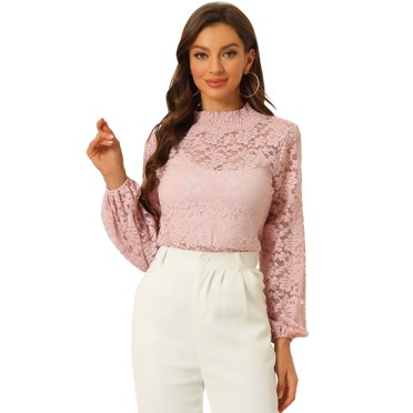 INSPIRE CHIC Haut en Dentelle Florale pour Femme Col Roulé Manches Longues Bouffantes Blouse Transparente Transparente TG Rose