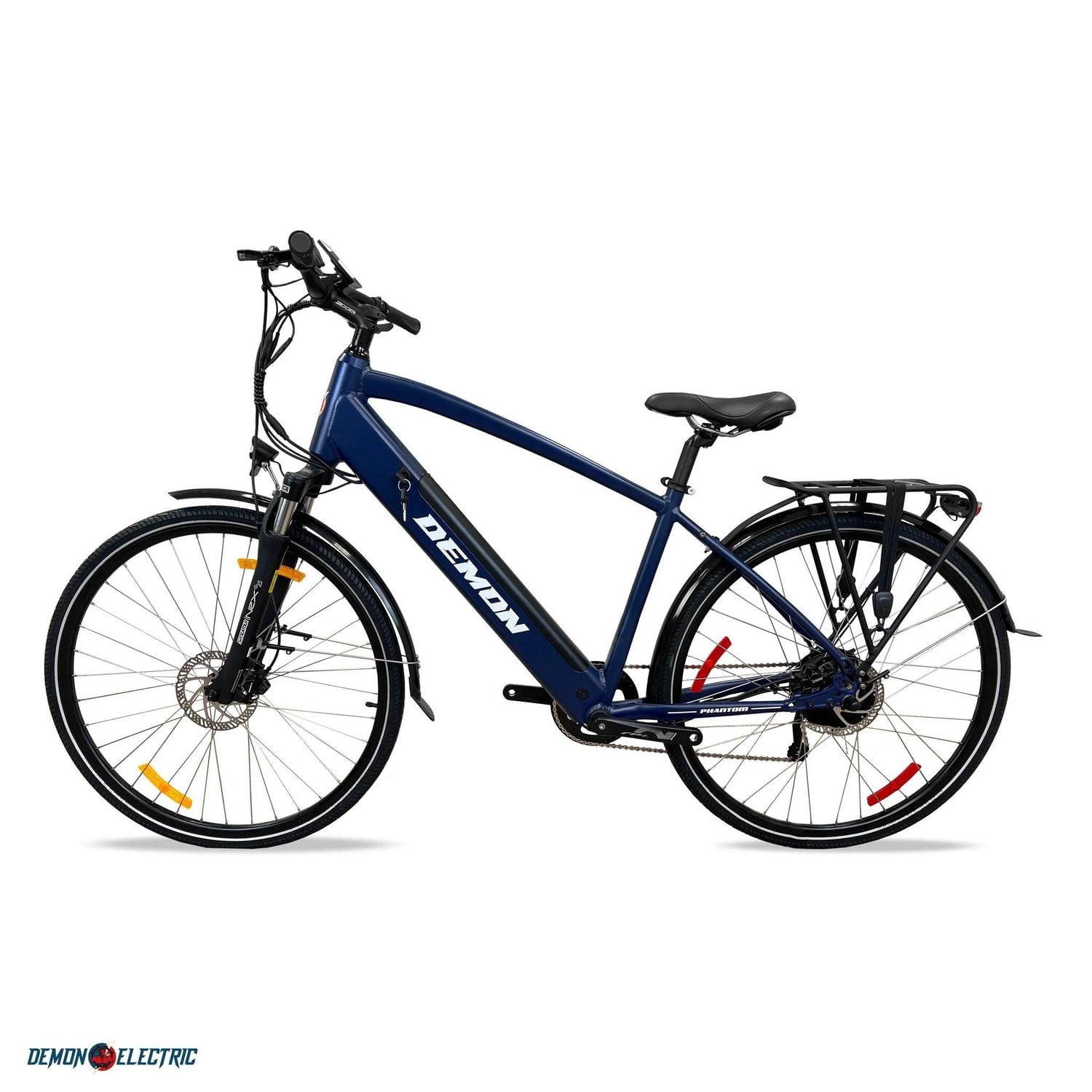 Demon Electric Vélo électrique de 27,5 pouces, moteur de 350 W, vélo électrique pour les adultes, 32 km/h, vélo électrique de ville Shimano 9 vitesses, Bleu marine