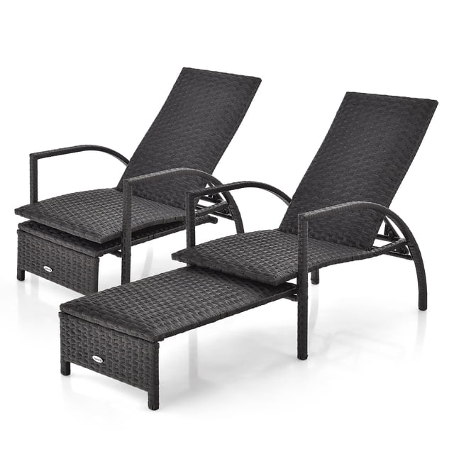 Gymax 2PCS Outdoor Chaise Lounge Rattan Recliner with retractable ottoman, mix brown wicker design, and ergonomic armrests. Features five-level adjustable backrests for personalized comfort. Ideal for patio furniture, outdoor lounge chairs, or poolside relaxation.