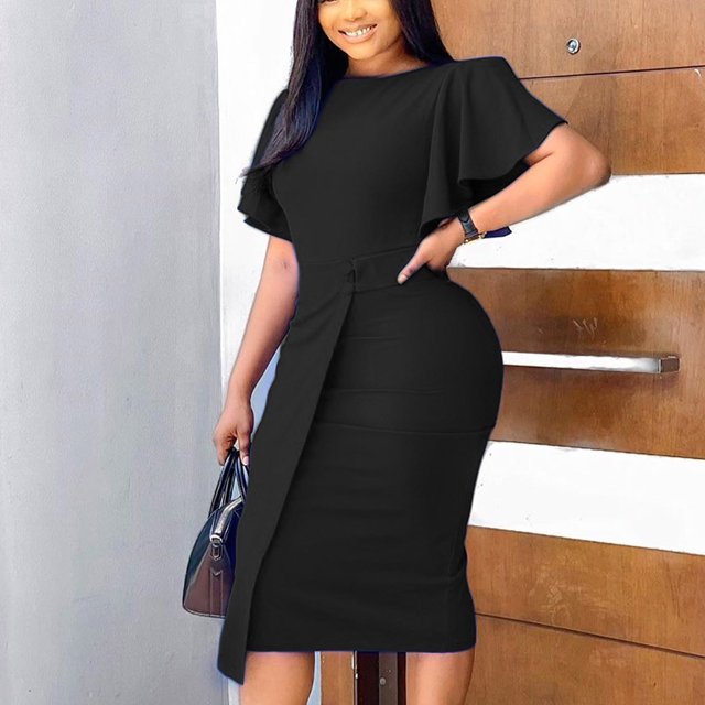 EQWLJWE Liquidation d'Économies d'Été! Robe de Bureau pour Femme, Col Rond, Manches à Volants, Unie, Taille à Boutons, Robe Quotidienne, Robes d'Été 2023