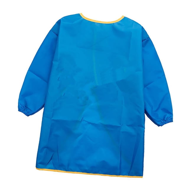 Cute Children Kids Drawing Painting Waterproof Smocks - 90-150cm. A lightweight, long-sleeved smock made of waterproof polyester taffeta fabric in blue with yellow trim. Designed for kids' arts and crafts activities, it features elastic cuffs and a breathable TPU waterproof layer for comfort and protection. Suitable for painting, water play, and daily wear. Available in sizes S, M, and L to fit heights from 90cm to 150cm.