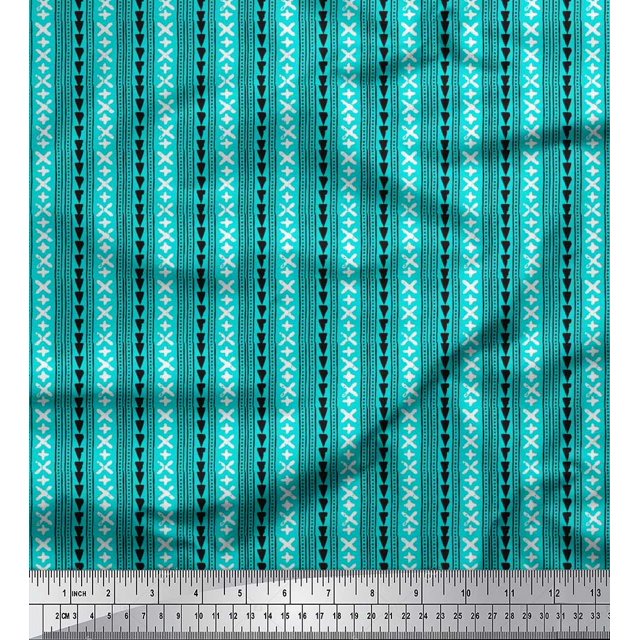 Soimoi Cotton Voile Fabric Geometric Sign,Triangle & Stripe Block Printed Fabric 1 Yard 56 Inch Wide
