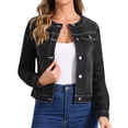 thumbnail image 1 of INSPIRE CHIC Women's Button Down Collarless Long Sleeve Cropped Denim Jacket Black M, 1 of 6