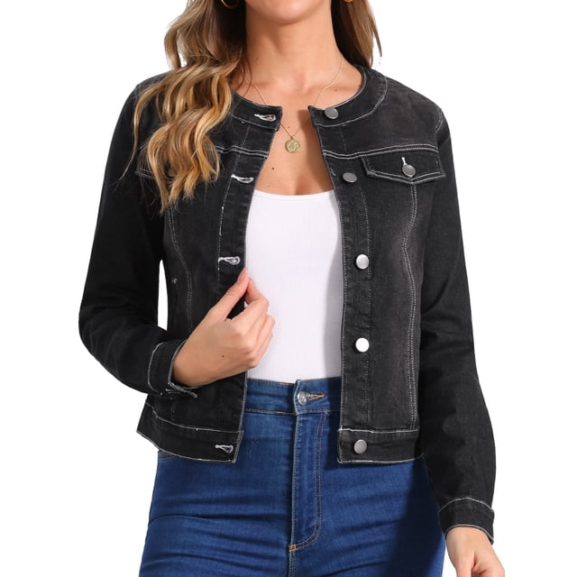 INSPIRE CHIC Women's Button Down Collarless Long Sleeve Cropped Denim Jacket Black M