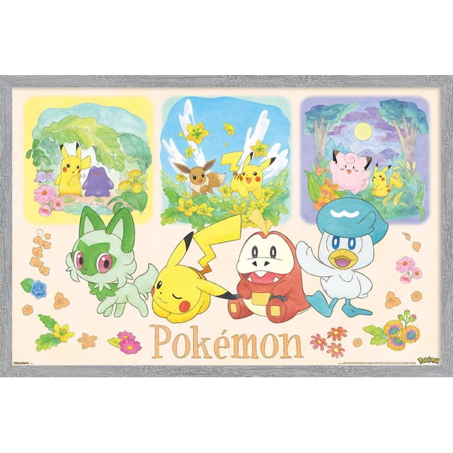 Pokémon : une Scène - Affiche Murale de Groupe, 14,725 Po x 22,375 Po Encadrée, Présentant une Vue avant Centrée de Personnages Pokémon, Y Compris Pikachu, Eevee et d'Autres, Entourée d'Accentations Florales et de Trois Scènes de nature Plus Petites avec Pikachu et Ses Amis, Conçue comme art Mural Convenant à la Déco de Chambre et à la Décoration de Fête sur un Fond Crème avec le logo Pokémon Ci-Dessous.