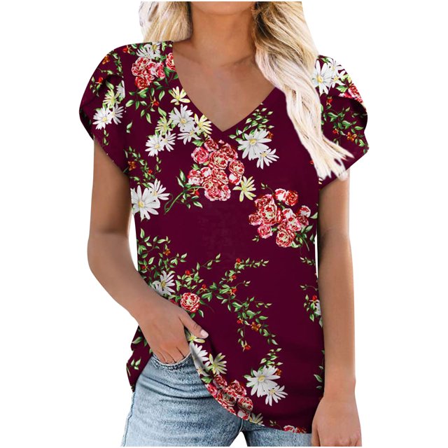 Pompotops T-Shirt à Col en V Imprimé à Manches Courtes pour Femme, Coupe Ample, Décontracté, Haut d'Été