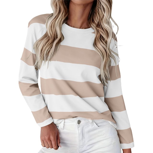 ManxiVoo T-Shirt à Manches Longues à Rayures Imprimées pour Femme, Col Rond, Confortable, T-Shirt Graphique d'Automne, Blouse Légère, Taille TTTTG, Kaki