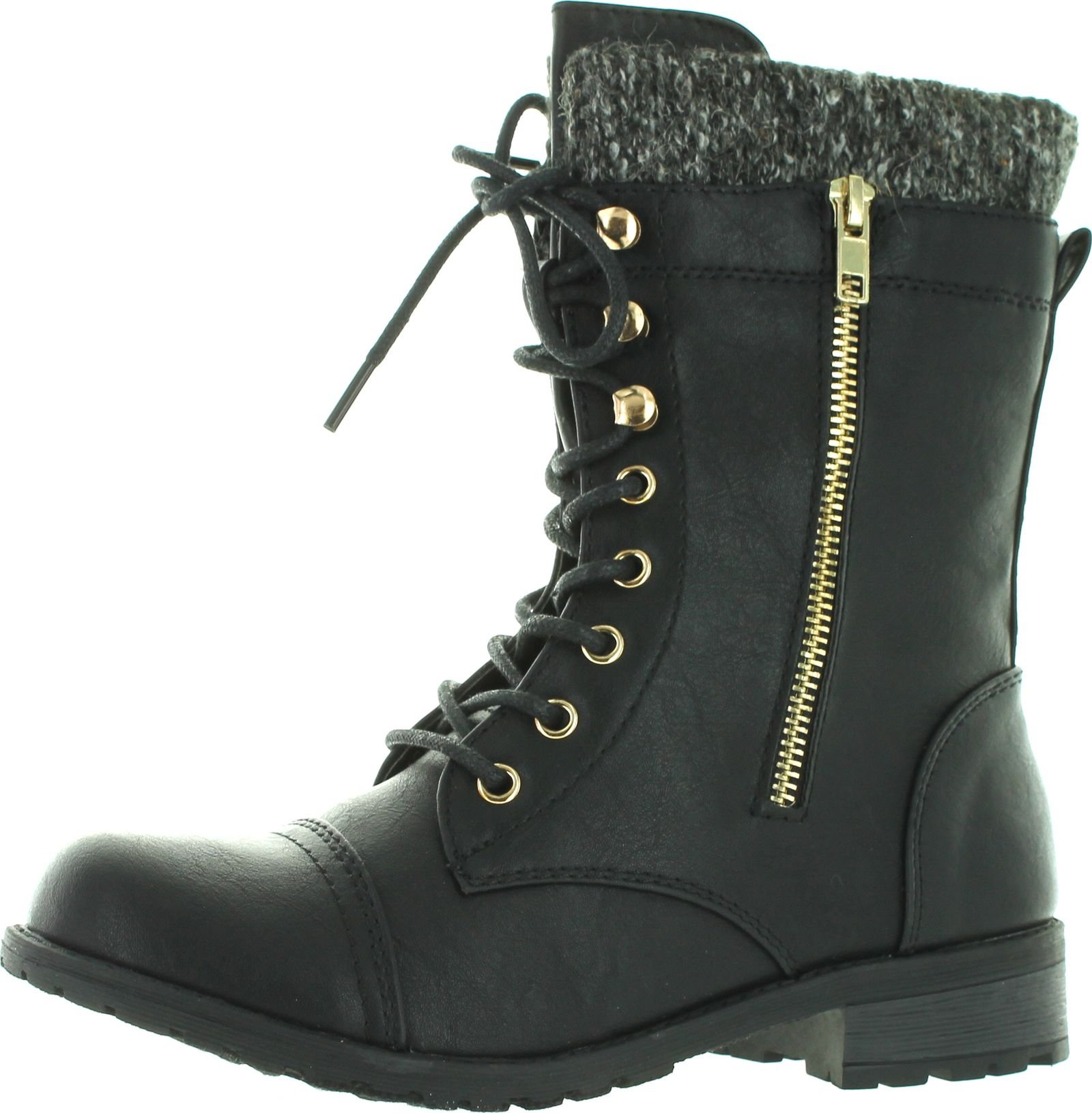 Forever Link Bottes de Combat pour Femmes Mango-31 à Bout Rond, Style Militaire, à Lacets, Tricotées, Cheville, Revers, Talon Bas, Noir, 10