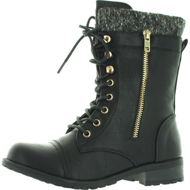 Forever Link Bottes de Combat pour Femmes Mango-31 à Bout Rond, Style Militaire, à Lacets, Tricotées, Cheville, Revers, Talon Bas, Noir, 10