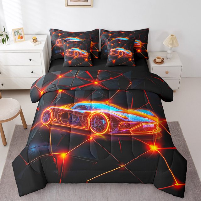 Erosebridal Neon Race Car Bedding Sets King Size, Abstract Comforter Sets with Sheets, Geometric Line Decor, Reversible 7-Piece