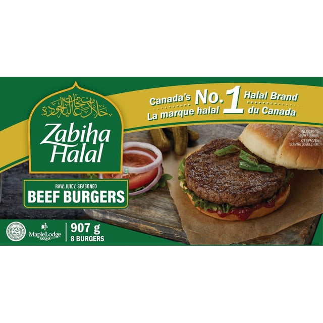 Zabiha Halal Beef Burgers package showing a close-up of a cooked seasoned beef burger patty with grilled green peppers on a bun with lettuce and ketchup, accompanied by sliced tomato, onion rings, and pickles on a wooden surface, labeled 907 g with 8 raw, juicy burgers, Canada's No. 1 halal brand, ideal for family meals and backyard BBQs.