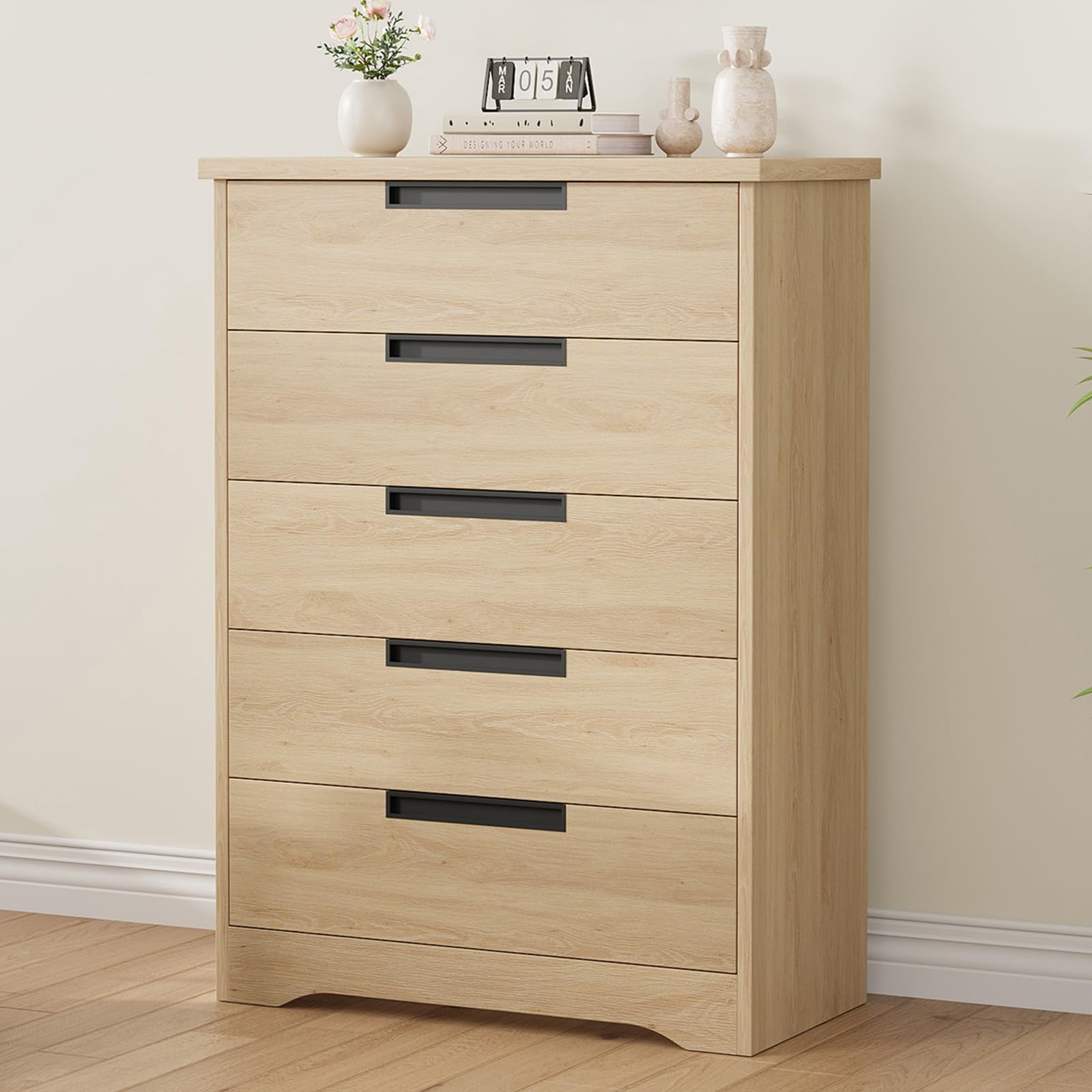 EDTara 5 Drawer Dresser for Bedroom, Natural Chest of Drawers with Embedded Handles, Wooden Dresser Organizer for Living Room, Nursery, Hallway and Entryway