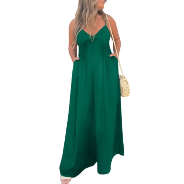 Innerwin Combinaison Longue Col en V Profond Femmes Combinaisons Vacances Sans Manches Décontracté Pantalon Large Vert 4TG