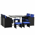 thumbnail image 1 of Outsunny 9 Pieces Wicker Patio Dining Set Outdoor Furniture Set with Removable Cushions, Glass Top Dining Table, Ottomans, PE Rattan Conversation Set for Garden Poolside, Blue, 1 of 10
