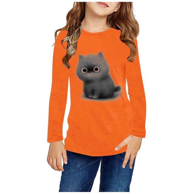 RXIRUCGD Chemises à Manches Longues pour Filles, Col Rond Mignon, Blouses Décontractées Élégantes (Orange, Taille : 5 Ans)